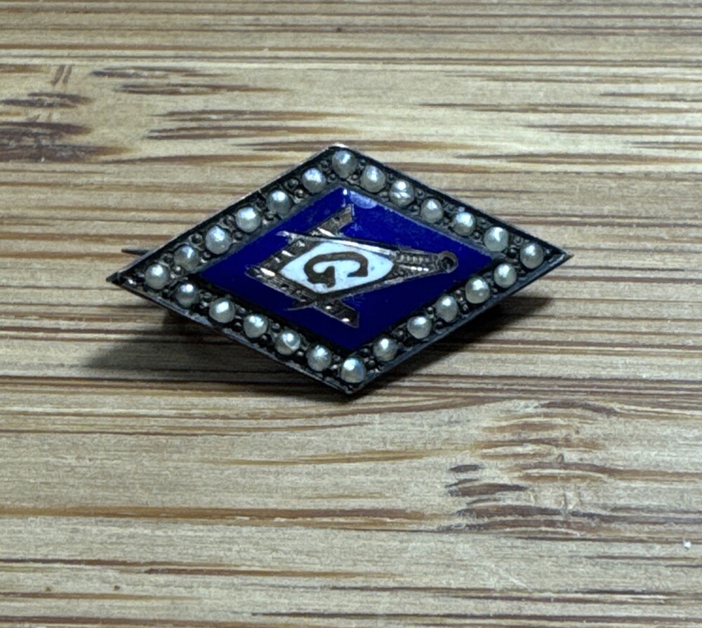 Antique Masonic Freemason Pin Blue Enamel Seed Pearl Square Compass G